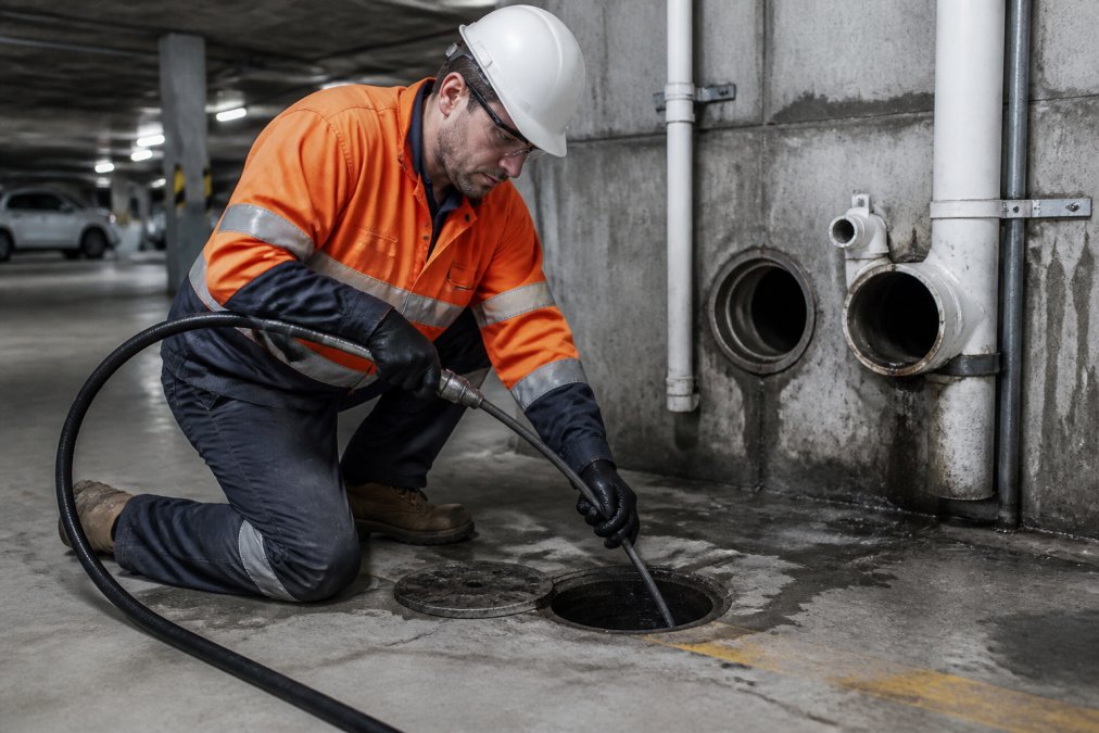 A licensed plumber in safety gear using a high-pressure hydro-jetting hose to clear a drain in a strata building's underground car park, with concrete walls and pipe access points visible