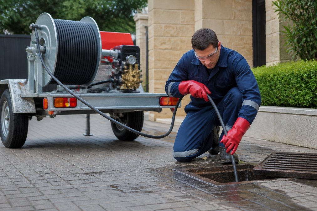 A plumber in protective gear operating a high-pressure water jetter hose inserted into an outdoor drain, with the jetter machine visible on a residential driveway