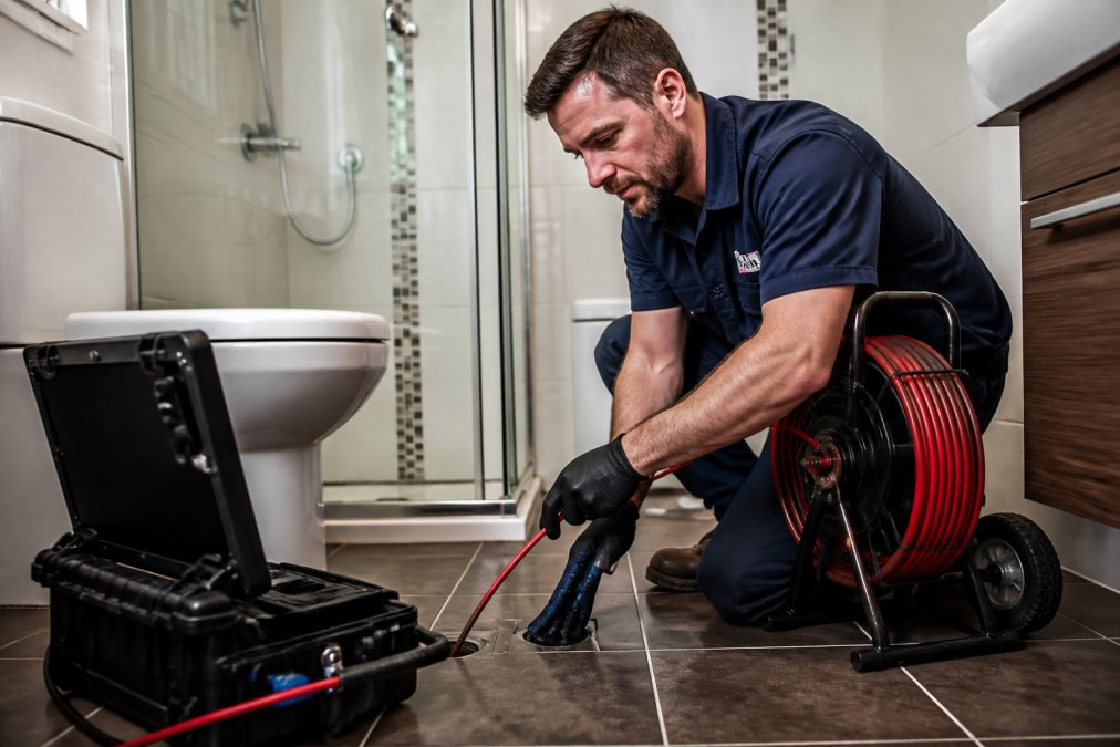 Professional plumber performing CCTV drain inspection with camera equipment, feeding the camera into a drain pipe whilst monitoring live footage on a portable screen in a residential bathroom