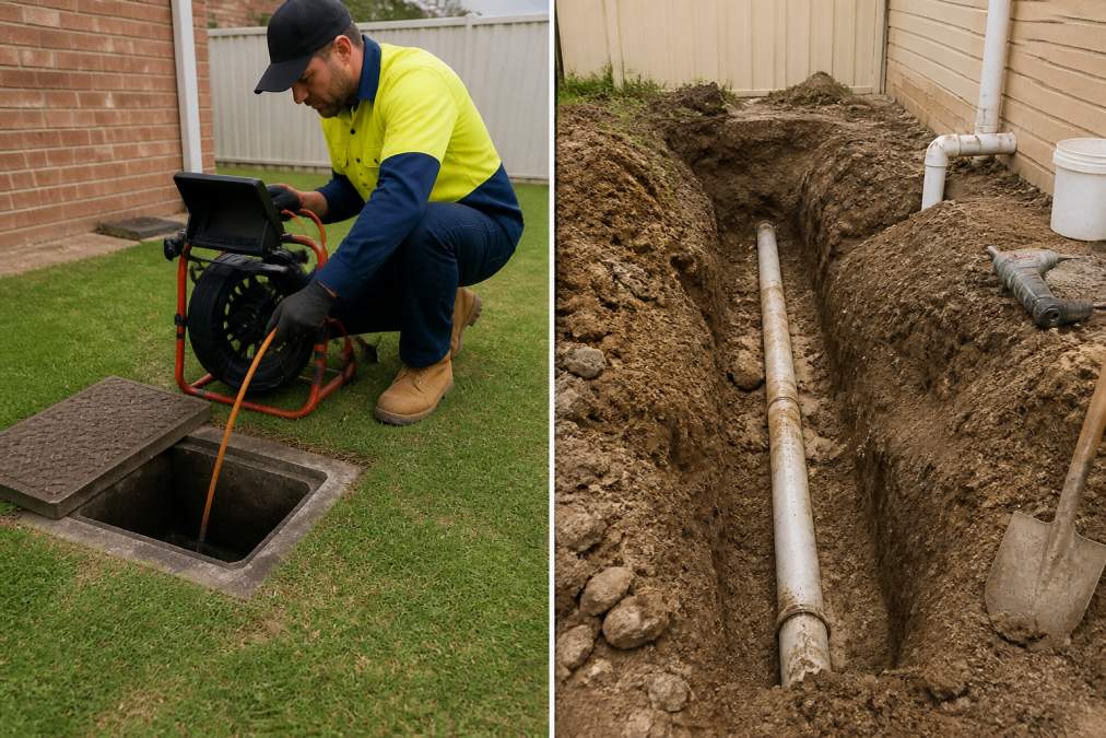 Plumbing technician using a CCTV camera for trenchless pipe repair in a residential backyard access pit