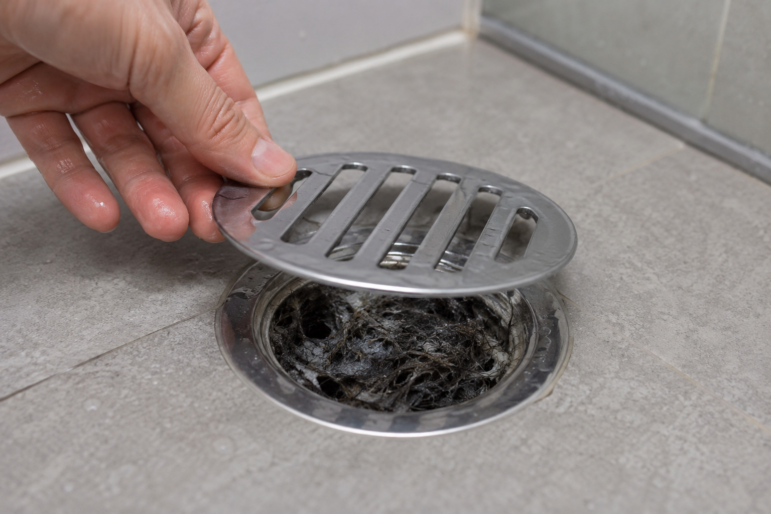 hair and soap buildup removed from below a shower drain grate