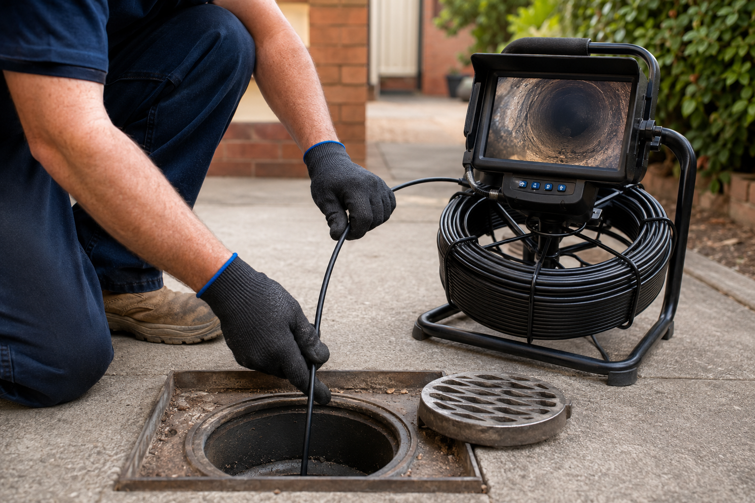 CCTV drain inspection locating a blocked shower drain
