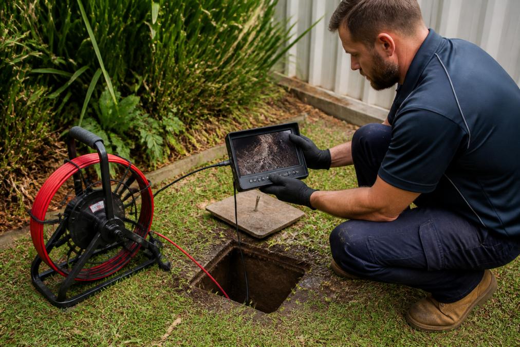 A plumber crouched beside an open drain access point in a suburban backyard, holding a monitor screen showing the inside of a pipe while a camera reel sits on the grass nearby