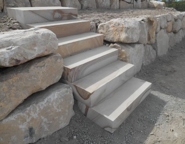 Random Sandstone Boulder Wall with Carved Steps Installation